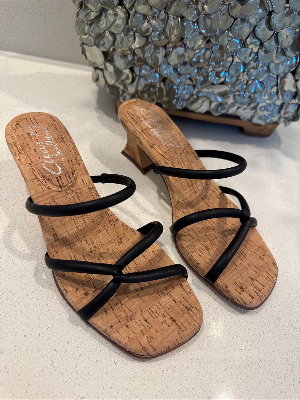 Circus by Sam Edelman Black Cork Strappy Slide Mules